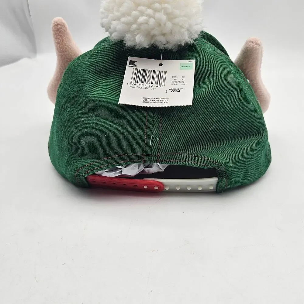 Christmas Elf Merry Hat Cap Snap Back One Size Green‎ Red Pom Pom Ears Glitter